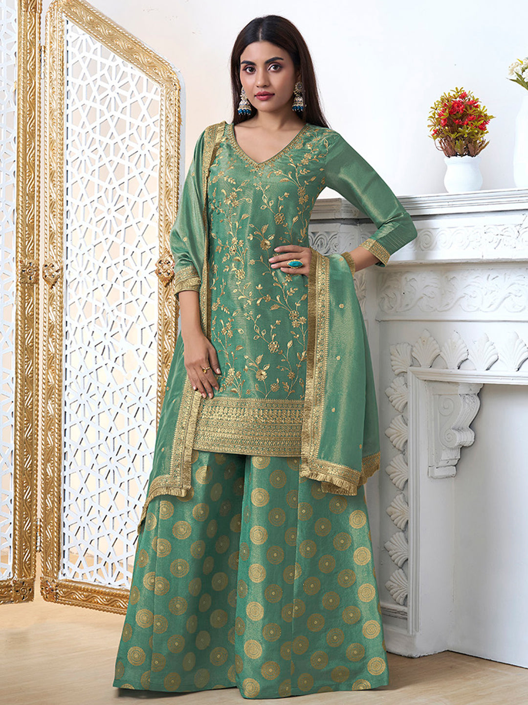 Sea-Green Tissue with Pitta work Gold Jhalar Dupatta Sharara Suit Set