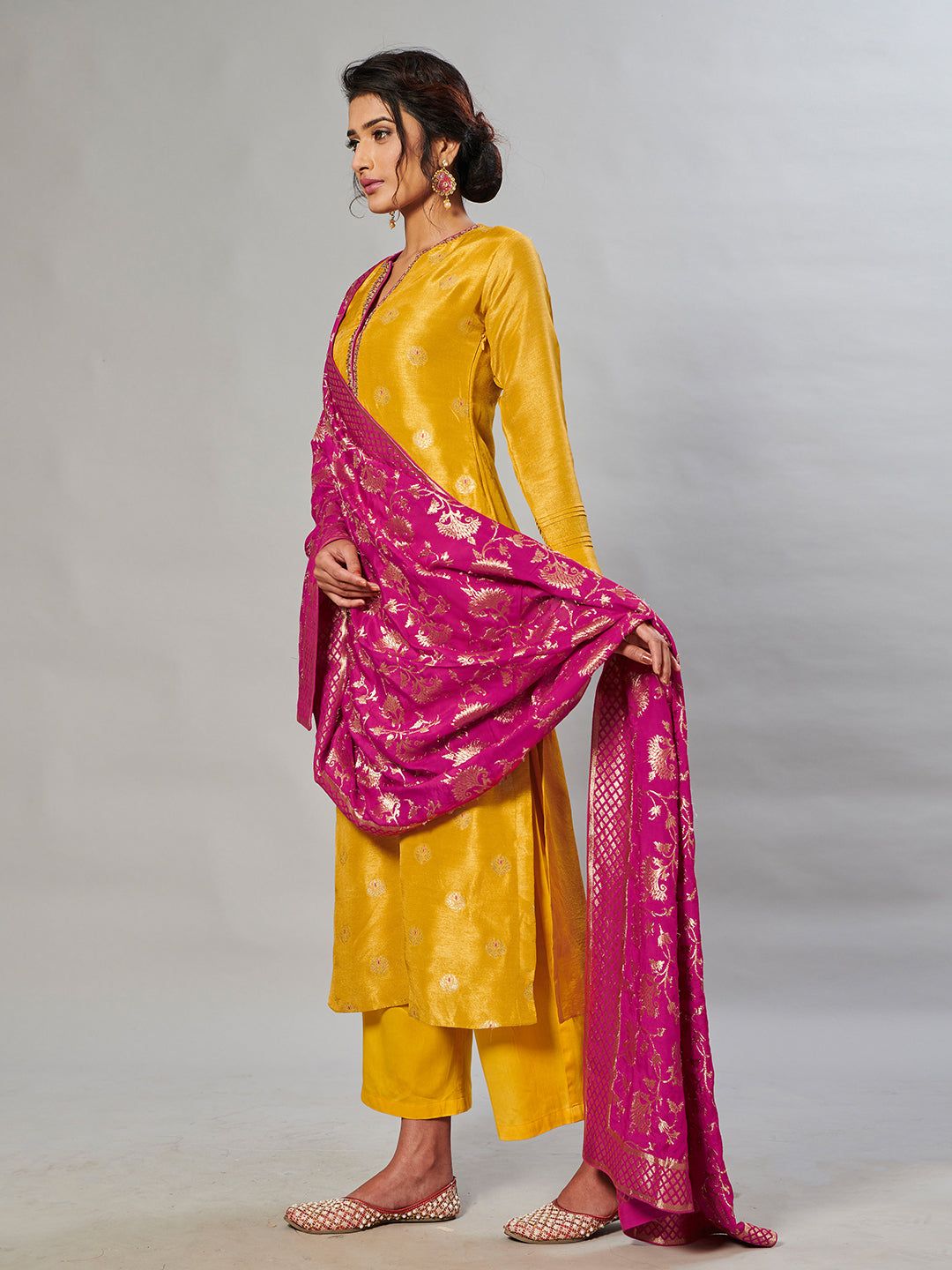 Mustard Zari Jacquard Contrast Dupatta Kurta Suit Set Product vendor