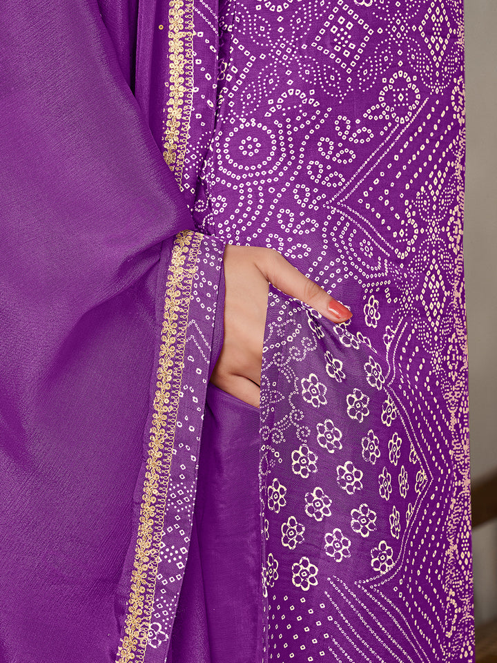 Purple Dola Bandhni Printed with Embroidery Kurta Suit Set