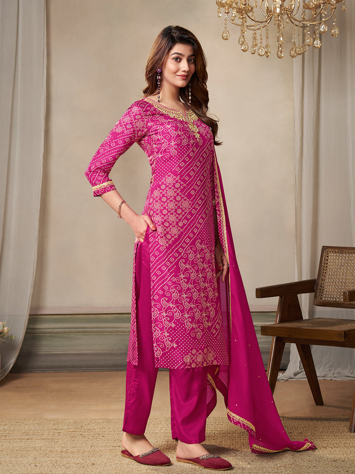 Pink Dola Bandhni Printed with Embroidery Kurta Suit Set