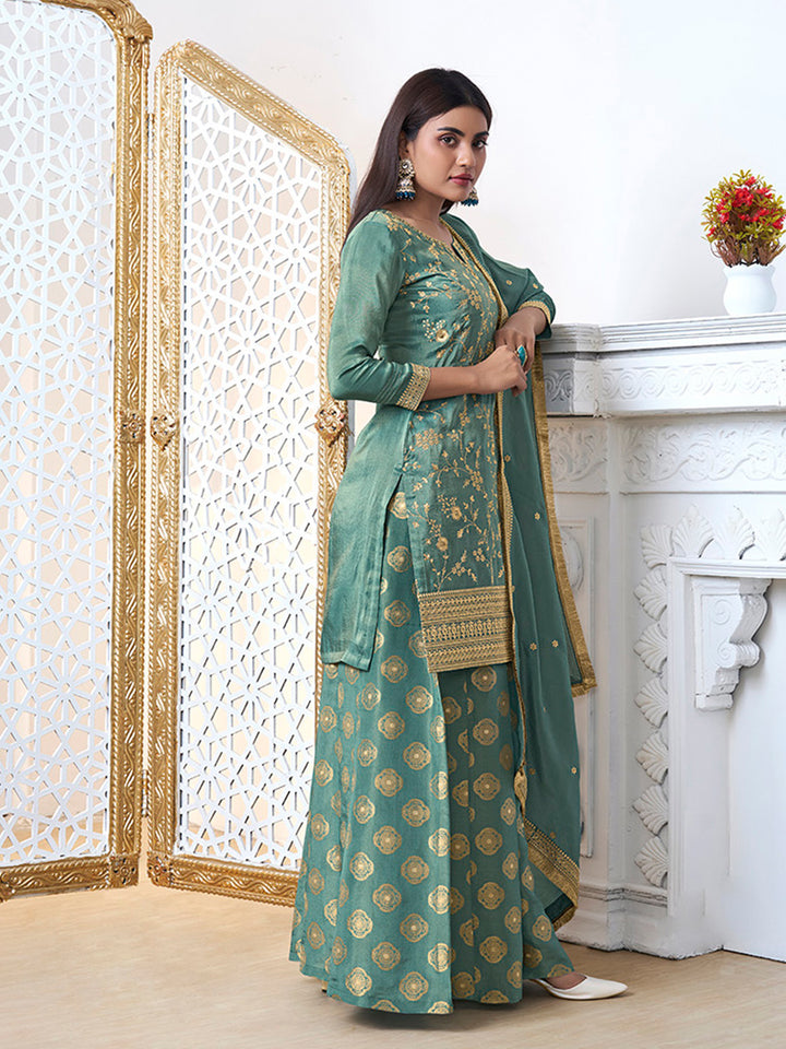 Turquoise Tissue with Pitta work Gold Jhalar Dupatta Sharara Suit Set