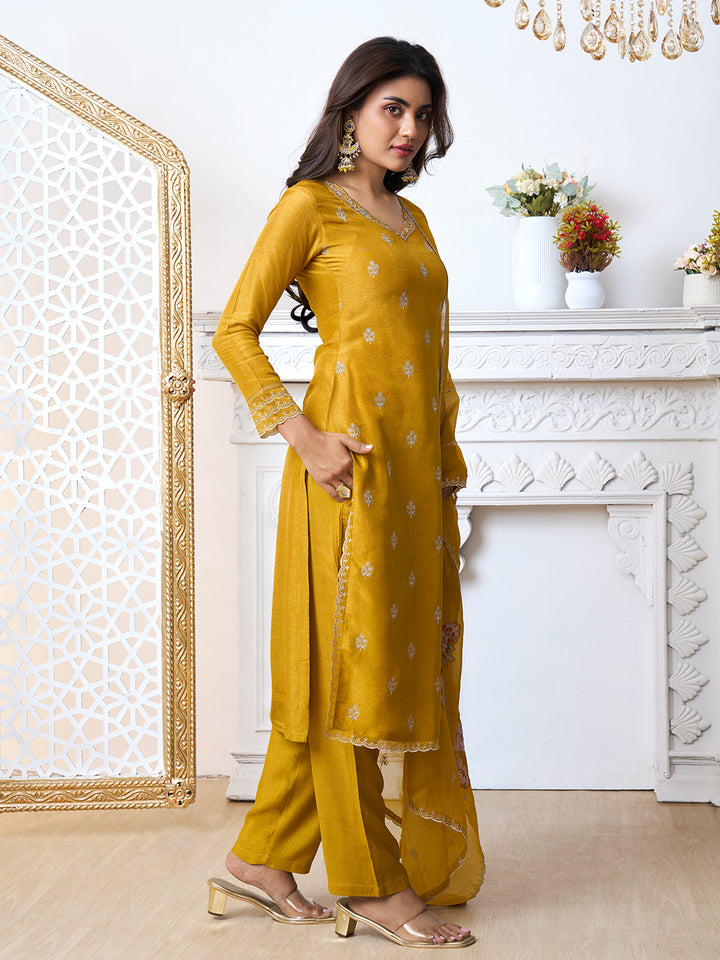 Mustard Yellow Cutwork Neckline Dola Silk Kurta Suit Set with Floral Aplique Dupatta