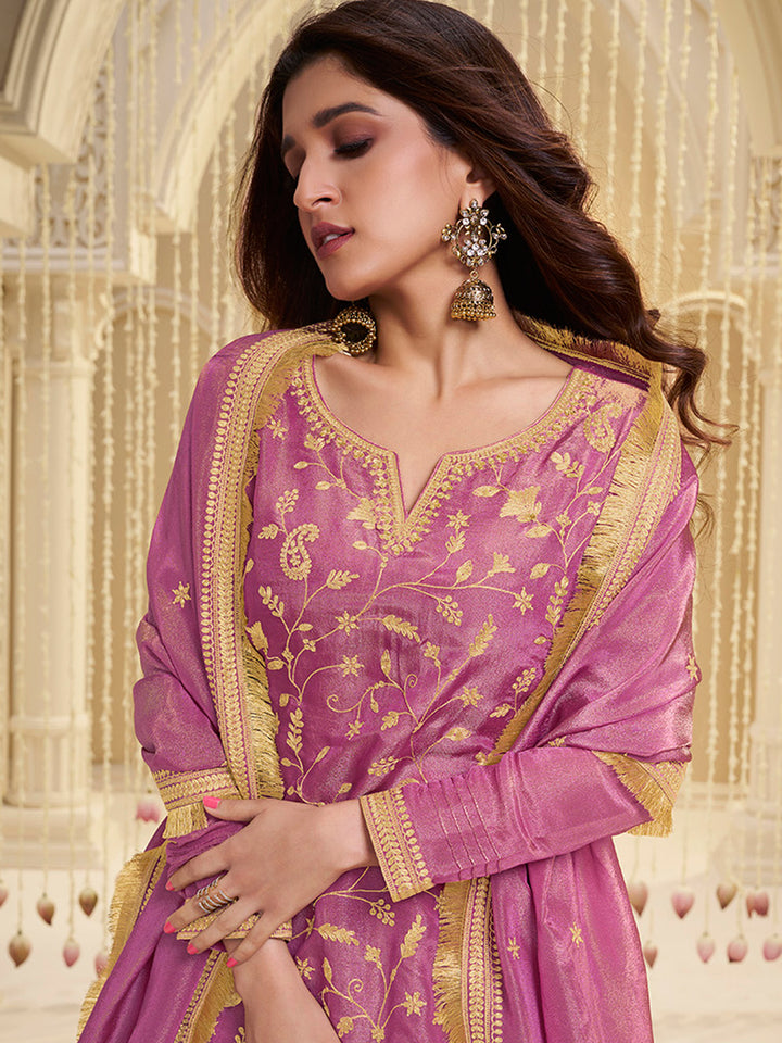 Lavender Tissue with Pitta work Gold Jhalar Dupatta Sharara Suit Set