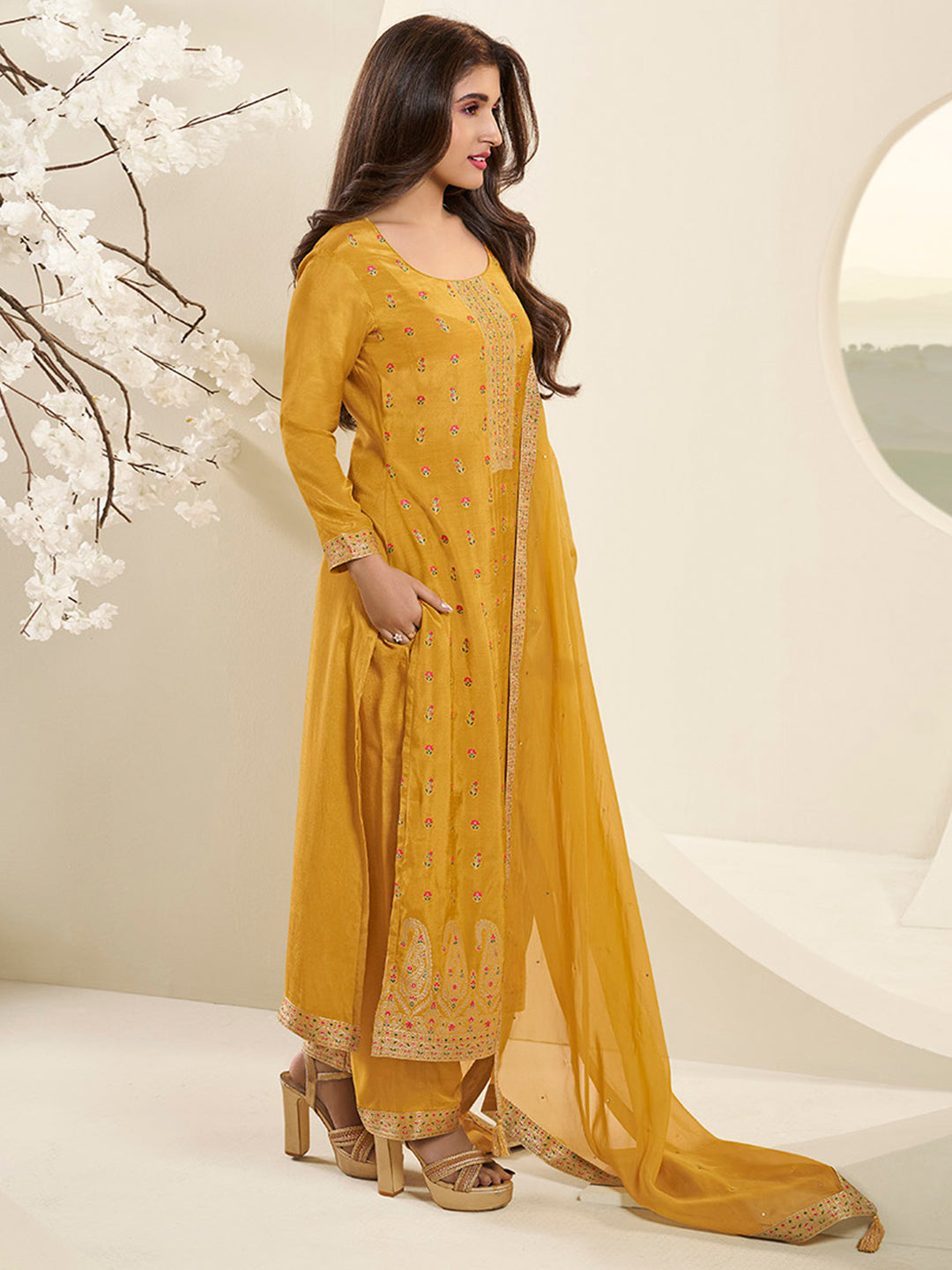 Amber Yellow Muslin Jacquard Kurta Suit Set with Multi Contrast Thread Weave & Paisley Pattern Daman Product vendor