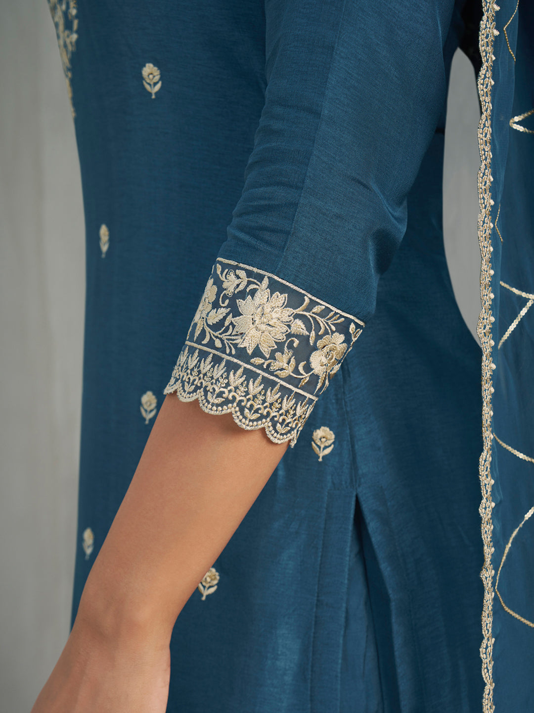 Floral + Geometric thread work & Hanging Pearl on Daman Kurta With Straight Pant & Dupatta Product vendor