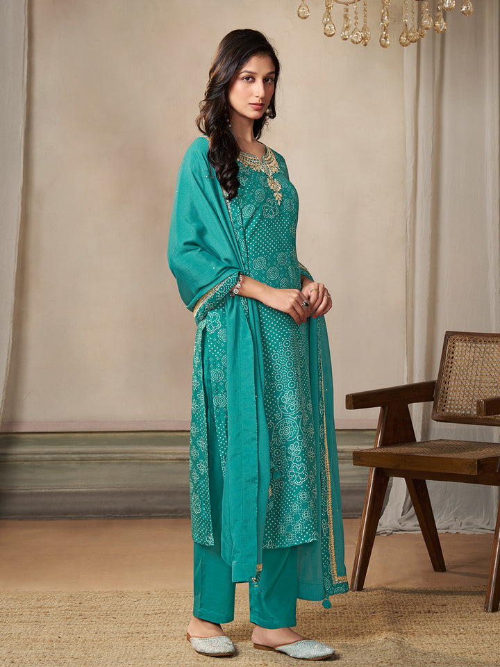 Turquoise Dola Bandhni Printed with Embroidery Kurta Suit Set