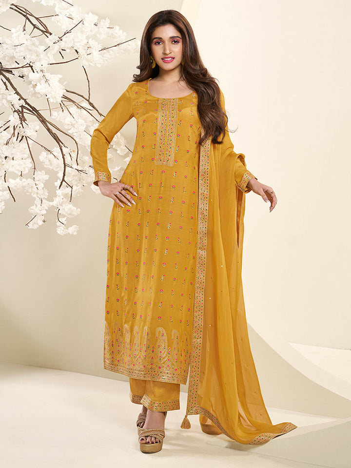 Amber Yellow Muslin Jacquard Kurta Suit Set with Multi Contrast Thread Weave & Paisley Pattern Daman Product vendor