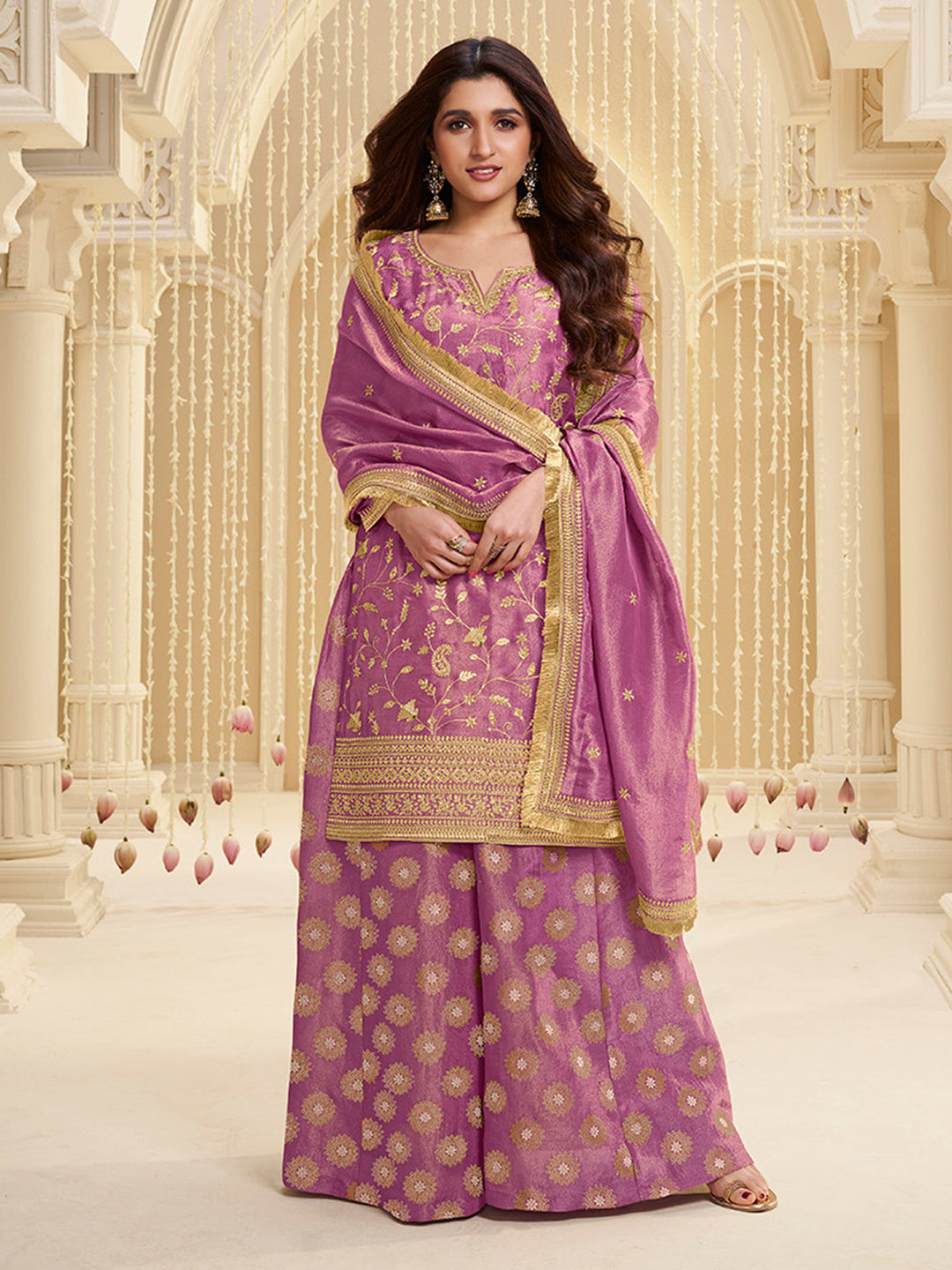 Lavender Tissue with Pitta work Gold Jhalar Dupatta Sharara Suit Set