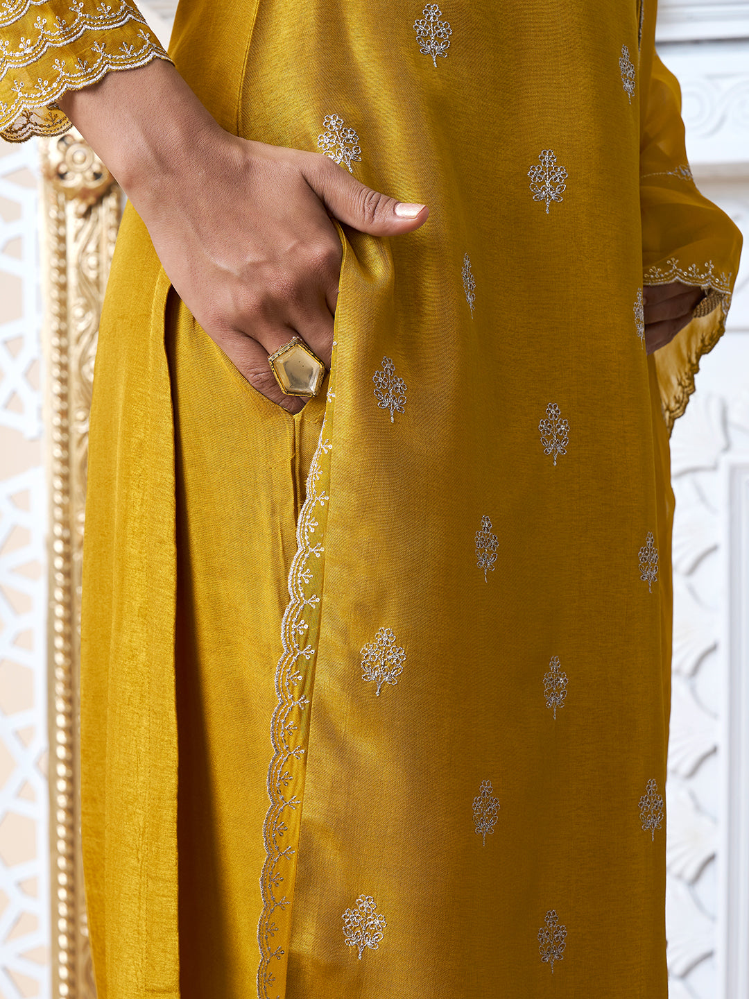 Mustard Yellow Cutwork Neckline Dola Silk Kurta Suit Set with Floral Aplique Dupatta