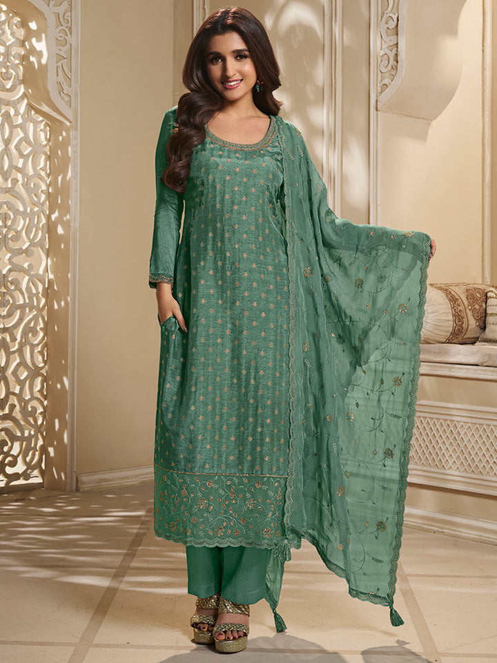 Green Dola Jacquard Kurta Suit Set with Embroidered with Thread & Sequins Work Product vendor