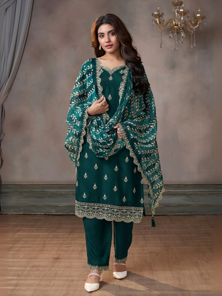 Dark Green Cutwork Neckline Dola Silk Kurta Suit Set with Digital Print Dupatta