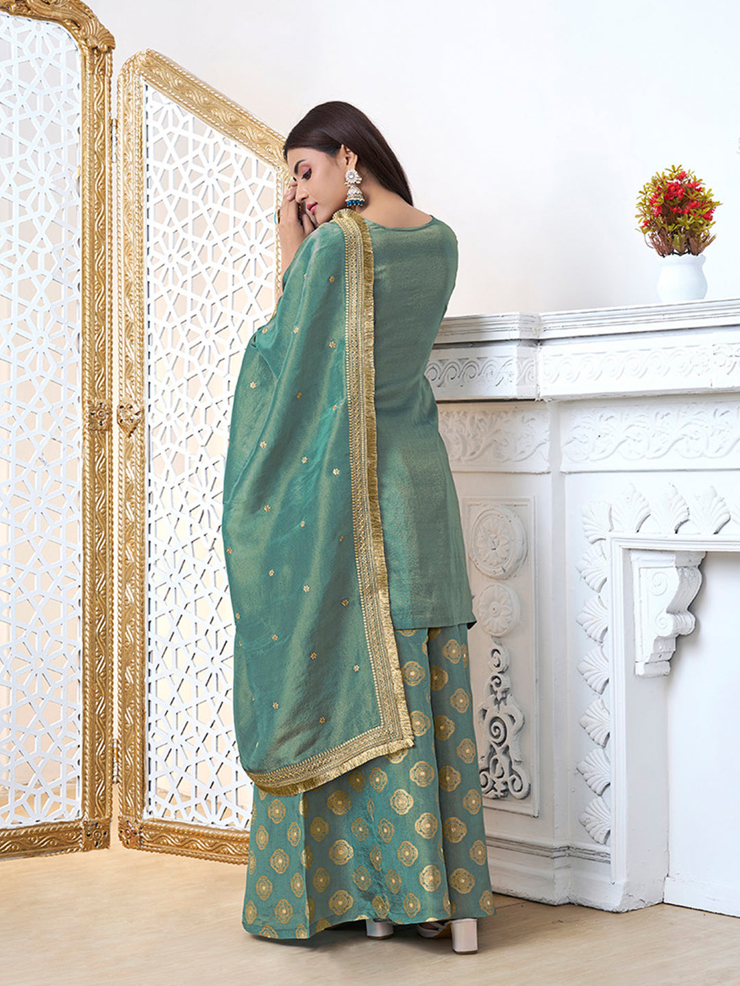 Turquoise Tissue with Pitta work Gold Jhalar Dupatta Sharara Suit Set