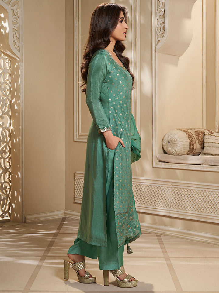 Green Dola Jacquard Kurta Suit Set with Embroidered with Thread & Sequins Work Product vendor
