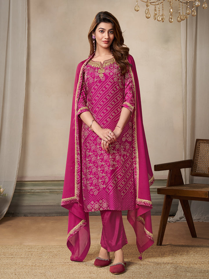 Pink Dola Bandhni Printed with Embroidery Kurta Suit Set