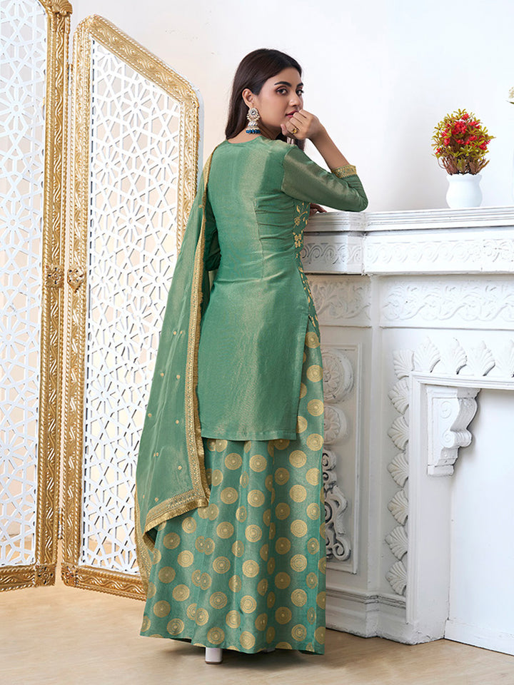 Sea-Green Tissue with Pitta work Gold Jhalar Dupatta Sharara Suit Set