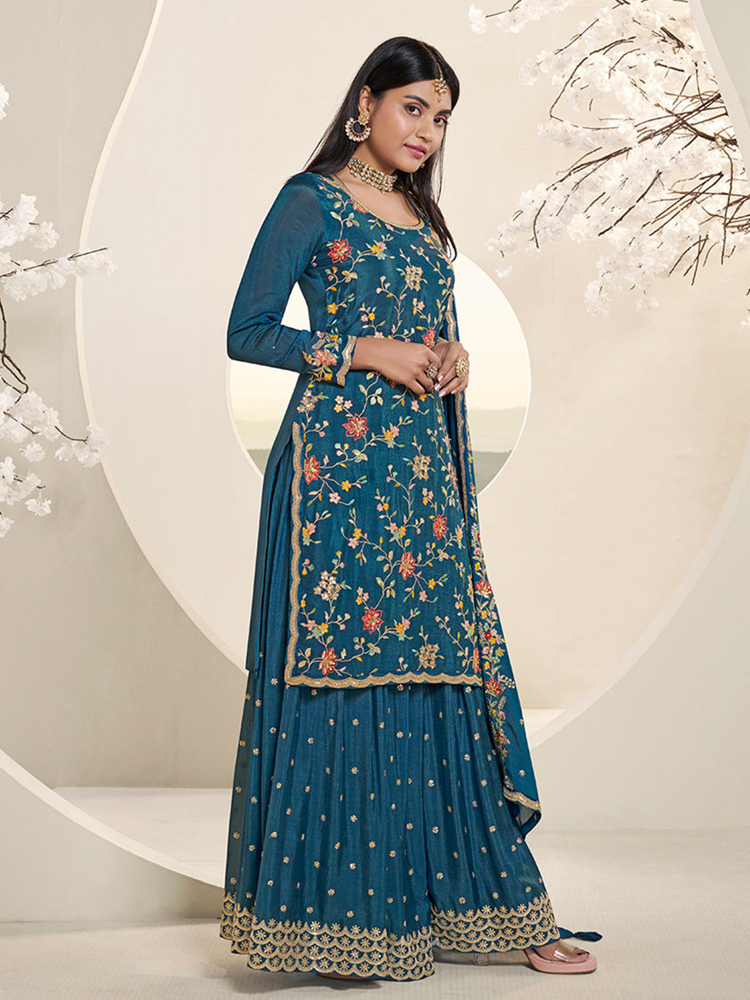 Blue Multi Colour Floral Thread & Embroidered Sharara Suit Set Product vendor