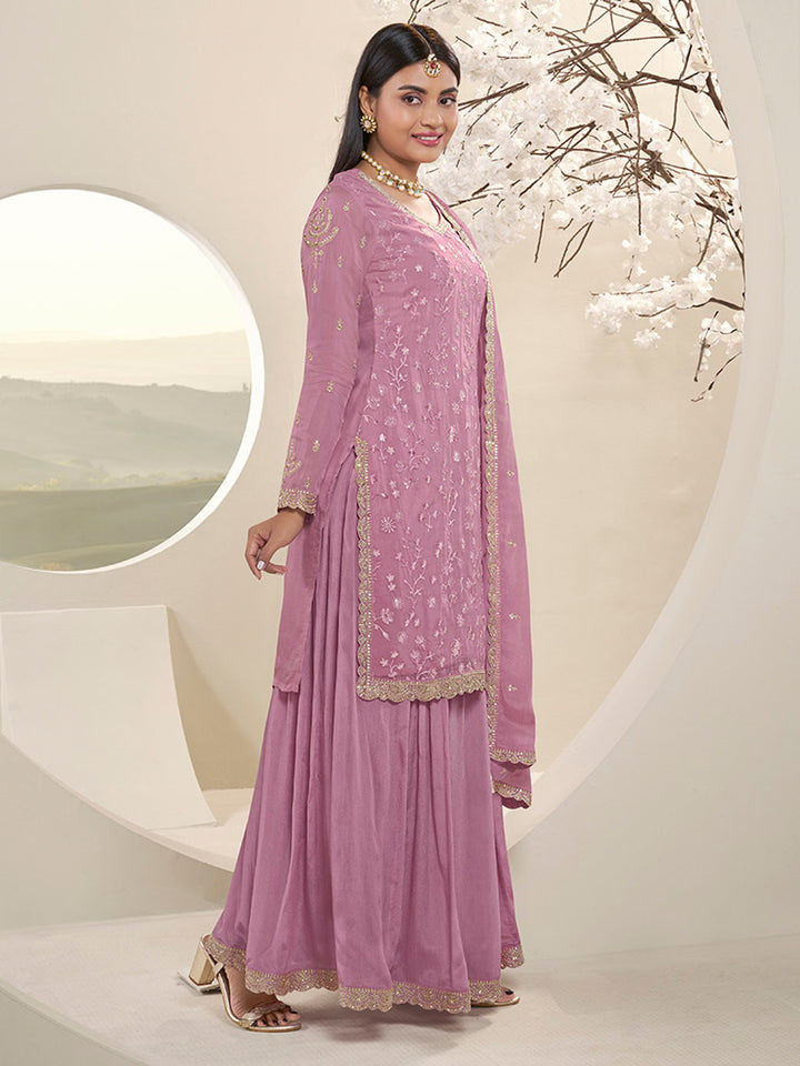 Pink Floral Pattern, Thread   with Sequins & Zari Embroidered Sharara Suit Set Product vendor