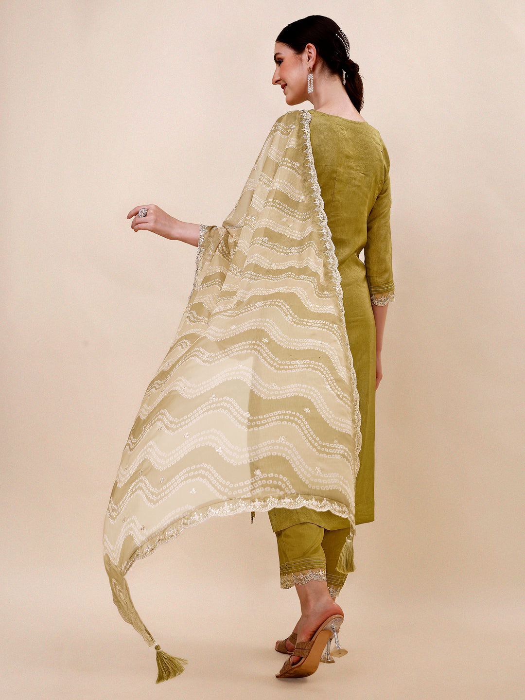 Olive Embroidered Neckline Dola Silk Kurta Suit Set with Lehariya Print Dupatta Product vendor
