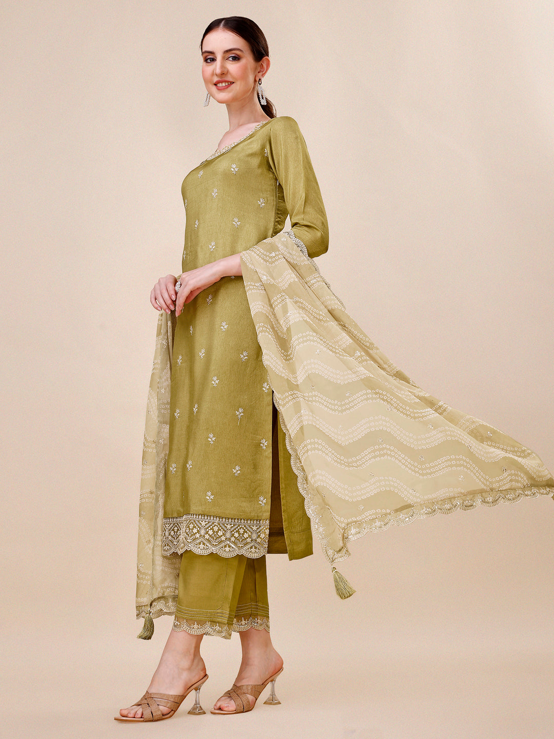 Olive Embroidered Neckline Dola Silk Kurta Suit Set with Lehariya Print Dupatta Product vendor