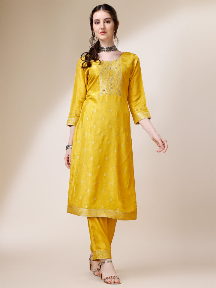 Yellow Jacquard Kurta Suit Set with Bandhani Printed Dupatta Product vendor