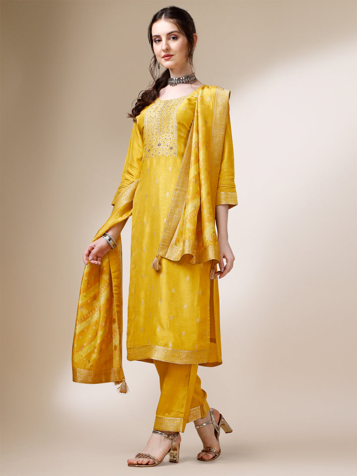 Yellow Jacquard Kurta Suit Set with Bandhani Printed Dupatta Product vendor