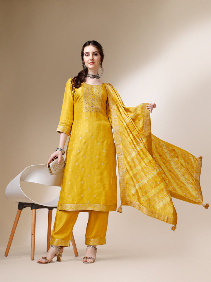 Yellow Jacquard Kurta Suit Set with Bandhani Printed Dupatta Product vendor
