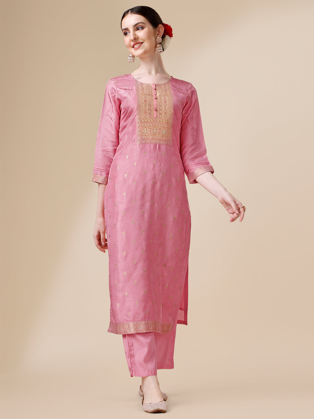 Pink Jacquard Kurta Suit Set with Rangkat Dupatta Product vendor