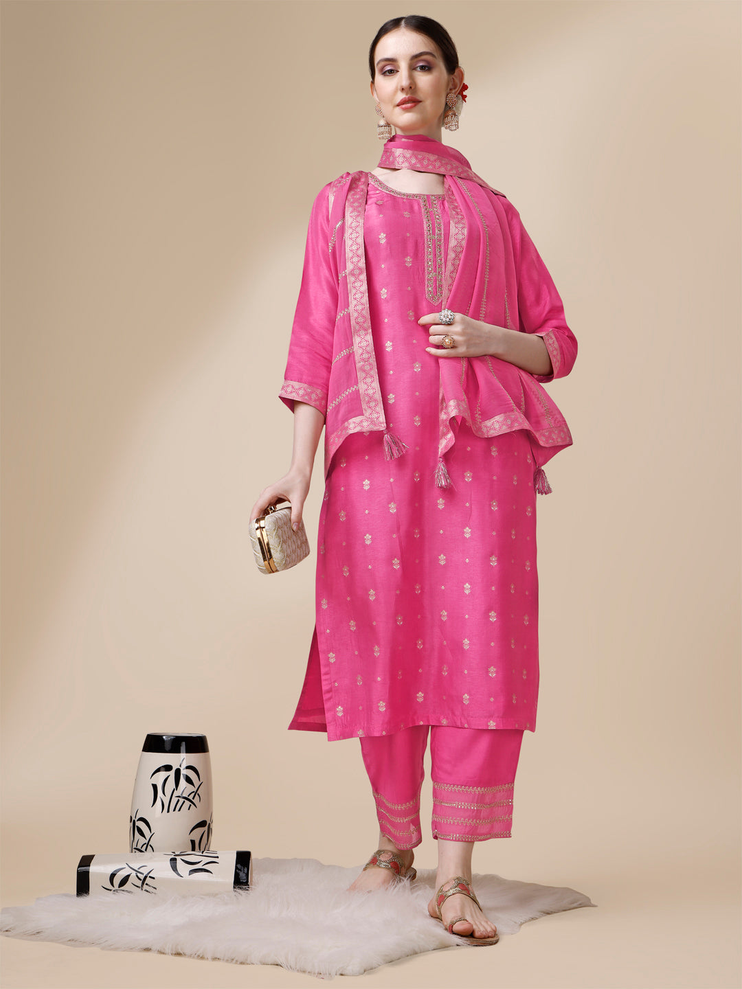Pink Bandhani Print Jacquard Kurta Suit Set Product vendor
