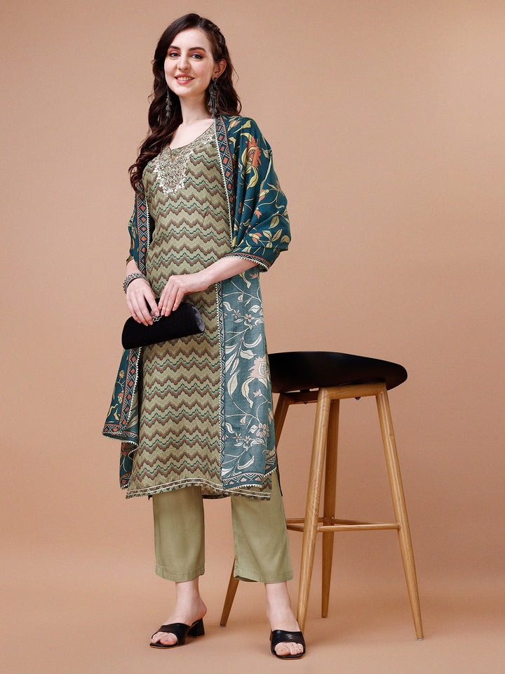 Olive Printed Kurta Suit Set Product vendor