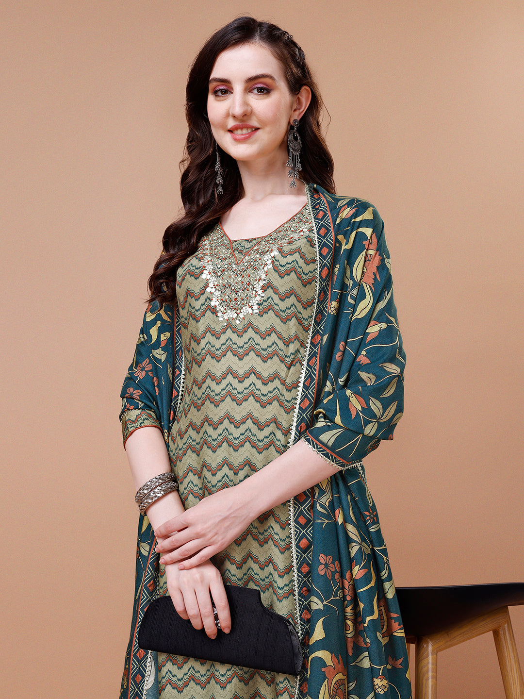 Olive Printed Kurta Suit Set Product vendor