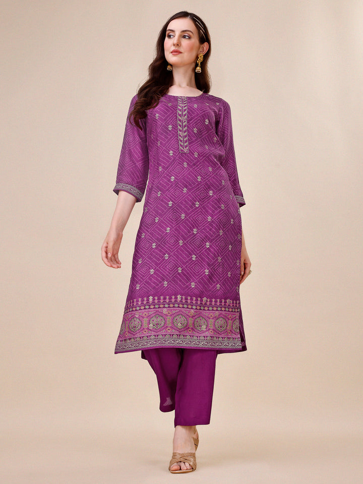 Wine Bandhani Print Jacquard Kurta Suit Set Product vendor