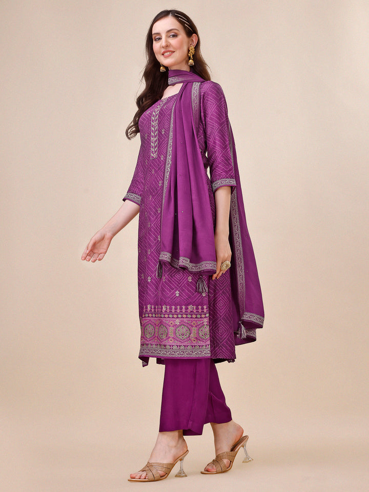 Wine Bandhani Print Jacquard Kurta Suit Set Product vendor