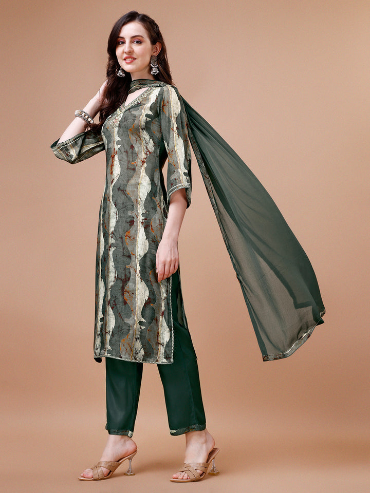 Dark Olive Abstract Print Kurta Suit Set Product vendor