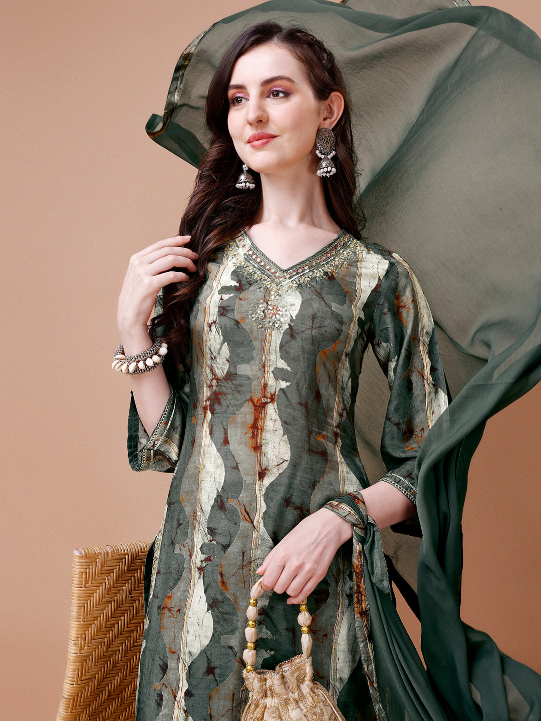 Dark Olive Abstract Print Kurta Suit Set Product vendor