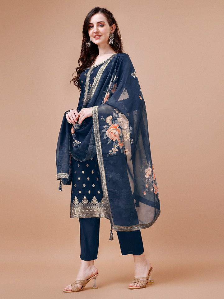 Dark Blue Jacquard Kurta Suit Set with Digital Floral Print Dupatta Product vendor