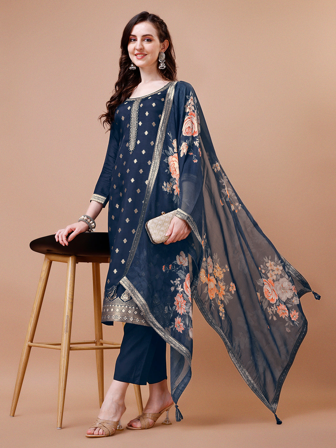 Dark Blue Jacquard Kurta Suit Set with Digital Floral Print Dupatta Product vendor