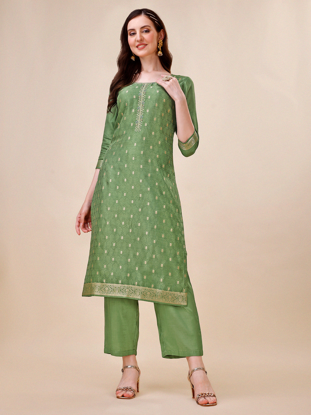 Green Jacquard Kurta Suit Set with Bandhani Printed Dupatta Product vendor