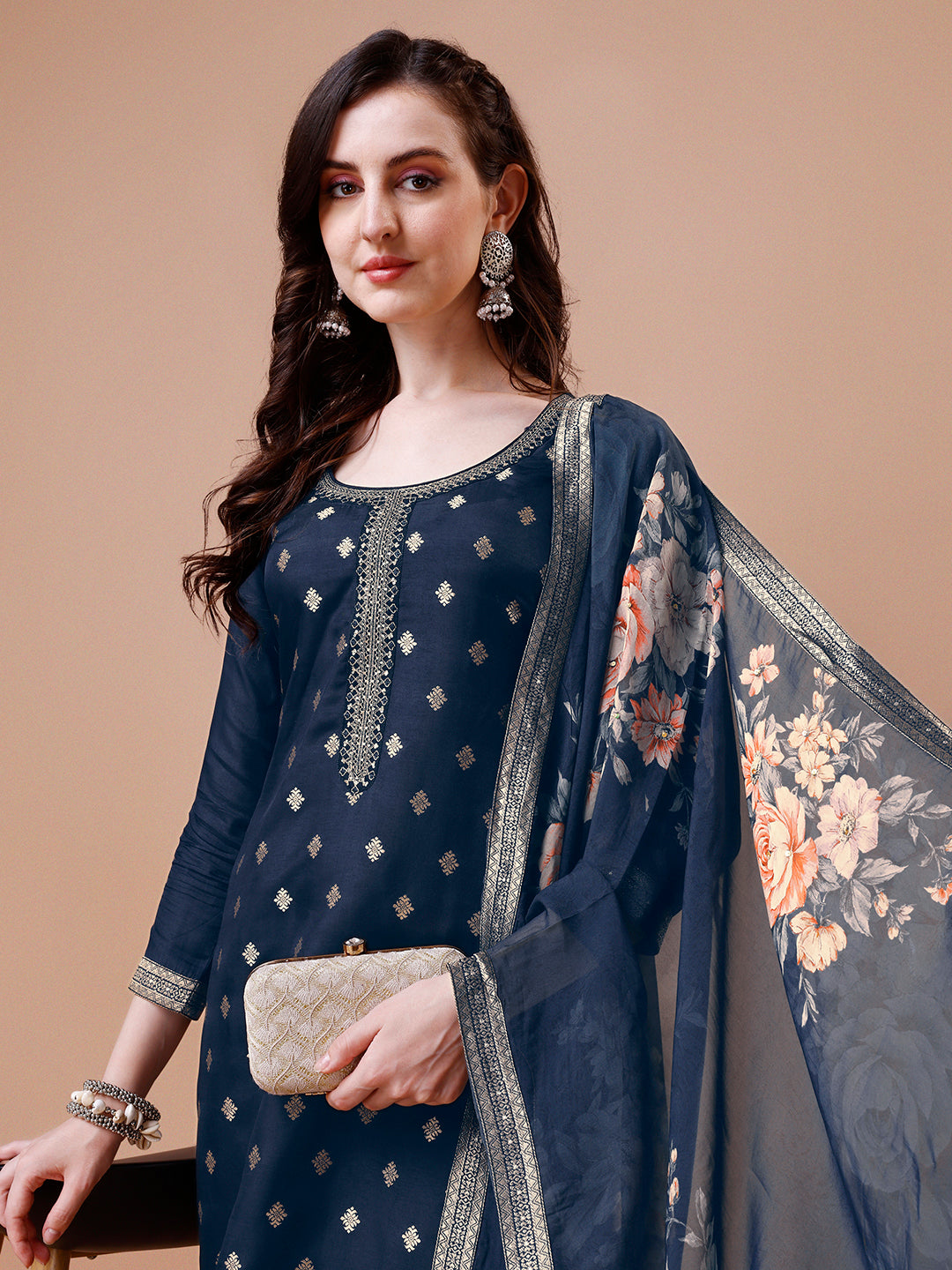 Dark Blue Jacquard Kurta Suit Set with Digital Floral Print Dupatta Product vendor