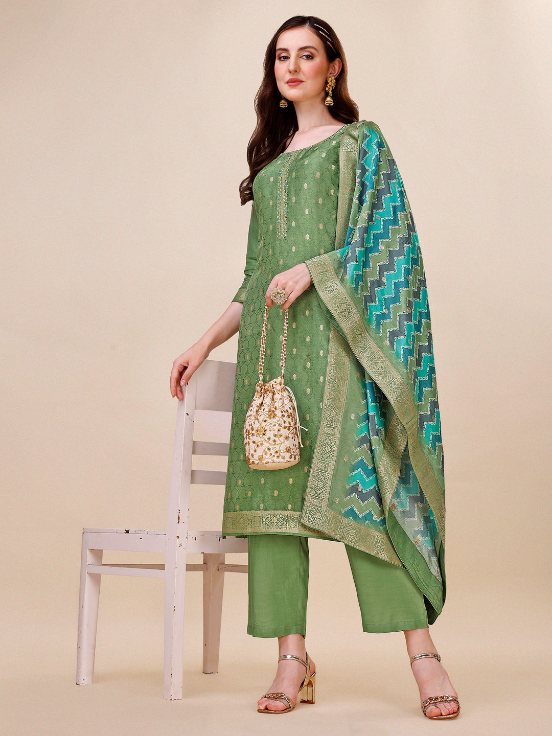 Green Jacquard Kurta Suit Set with Bandhani Printed Dupatta Product vendor