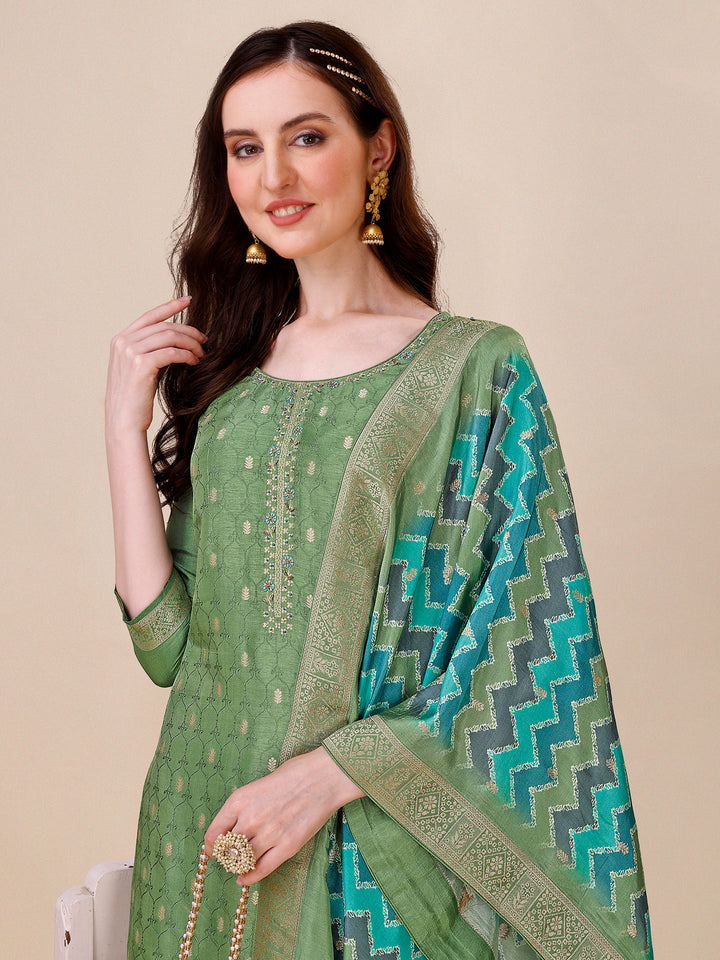 Green Jacquard Kurta Suit Set with Bandhani Printed Dupatta Product vendor