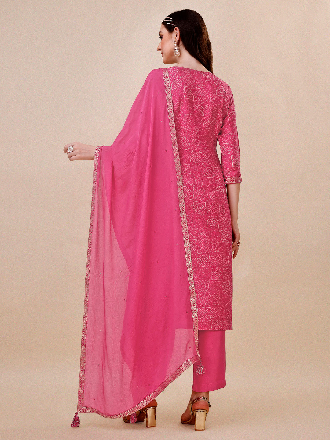 Rani Pink Bandhani Print Jacquard Kurta Suit Set Product vendor