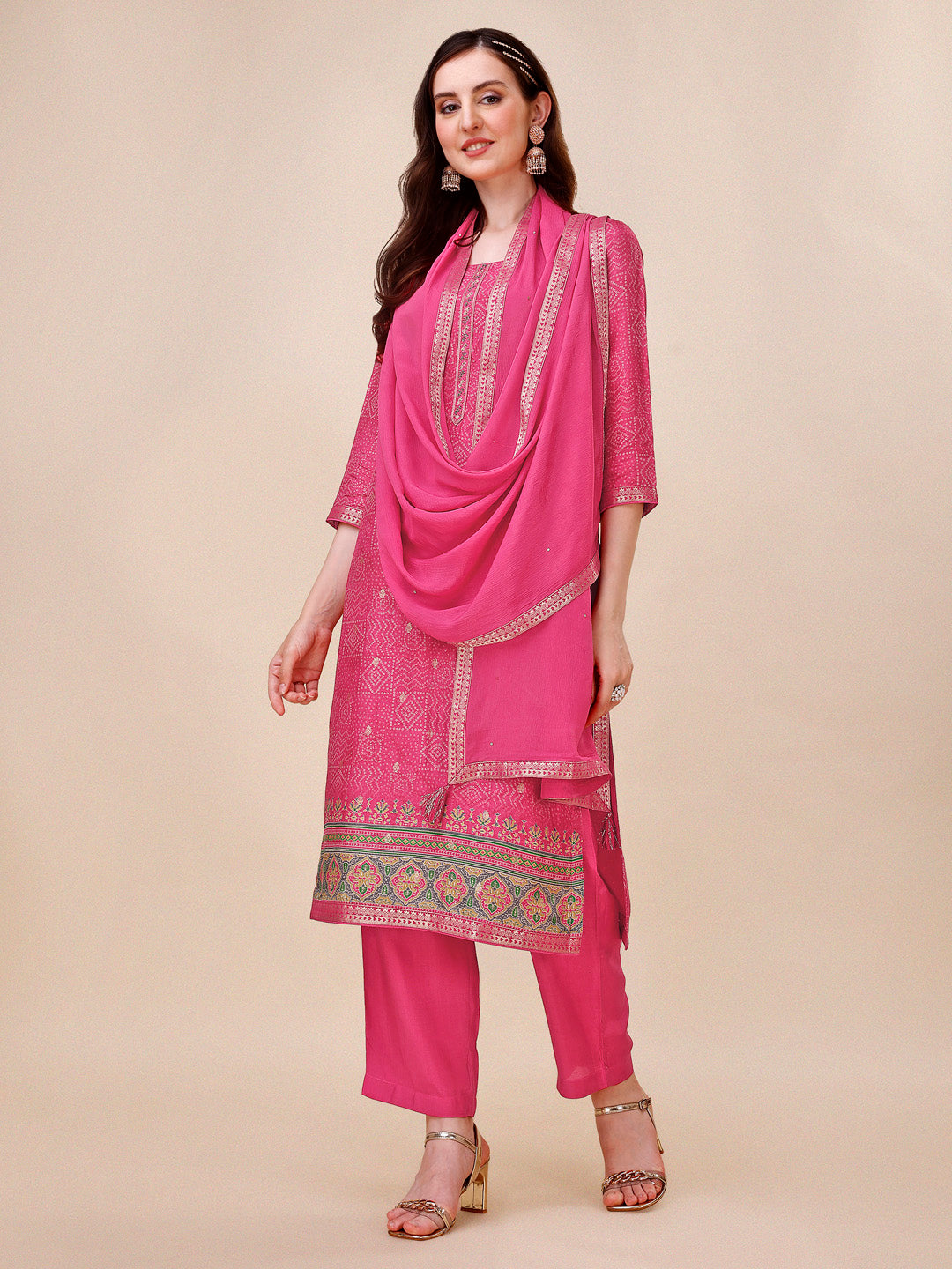 Rani Pink Bandhani Print Jacquard Kurta Suit Set Product vendor