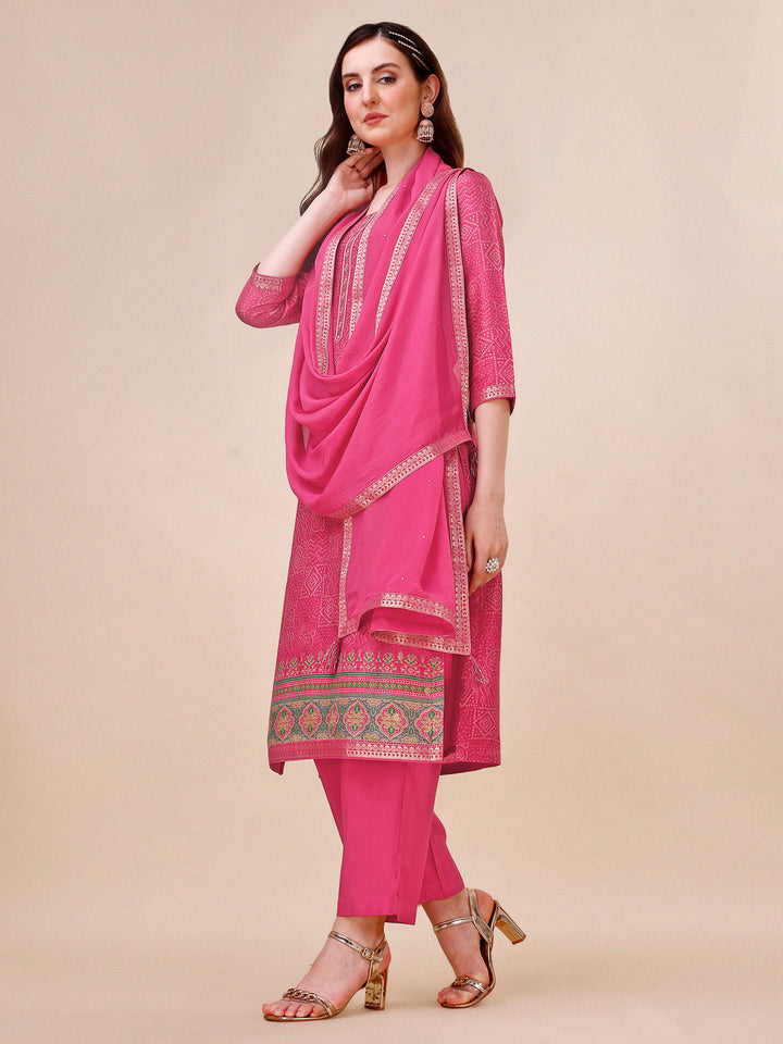 Rani Pink Bandhani Print Jacquard Kurta Suit Set Product vendor