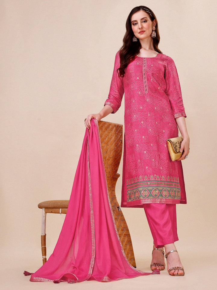 Rani Pink Bandhani Print Jacquard Kurta Suit Set Product vendor