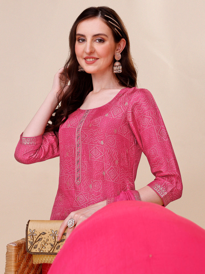 Rani Pink Bandhani Print Jacquard Kurta Suit Set Product vendor