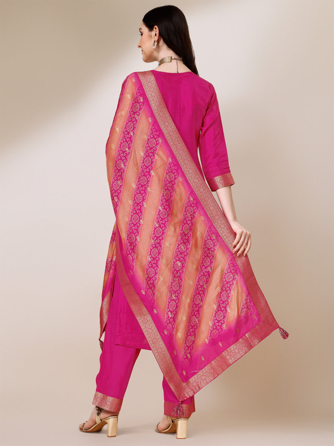 Rani Pink Jacquard Kurta Suit Set with Bandhani Printed Dupatta Product vendor