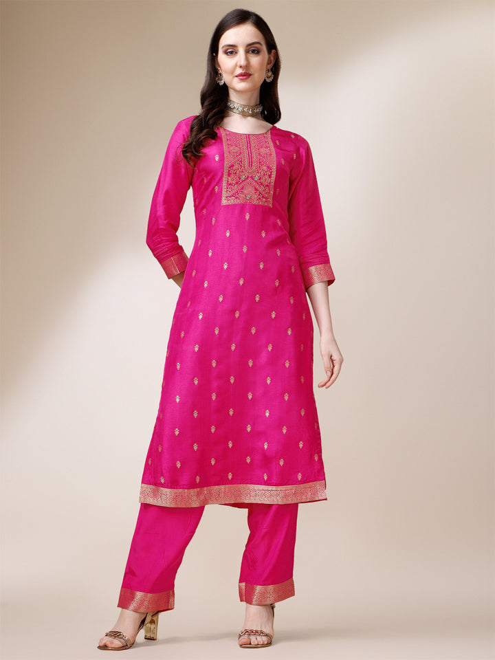 Rani Pink Jacquard Kurta Suit Set with Bandhani Printed Dupatta Product vendor