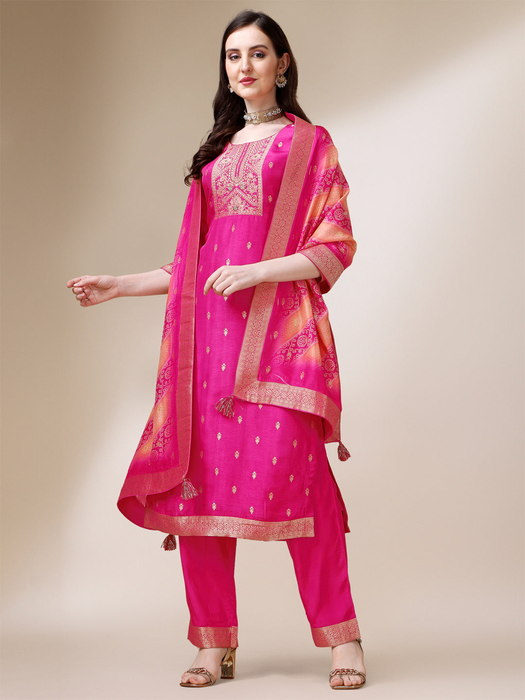 Rani Pink Jacquard Kurta Suit Set with Bandhani Printed Dupatta Product vendor