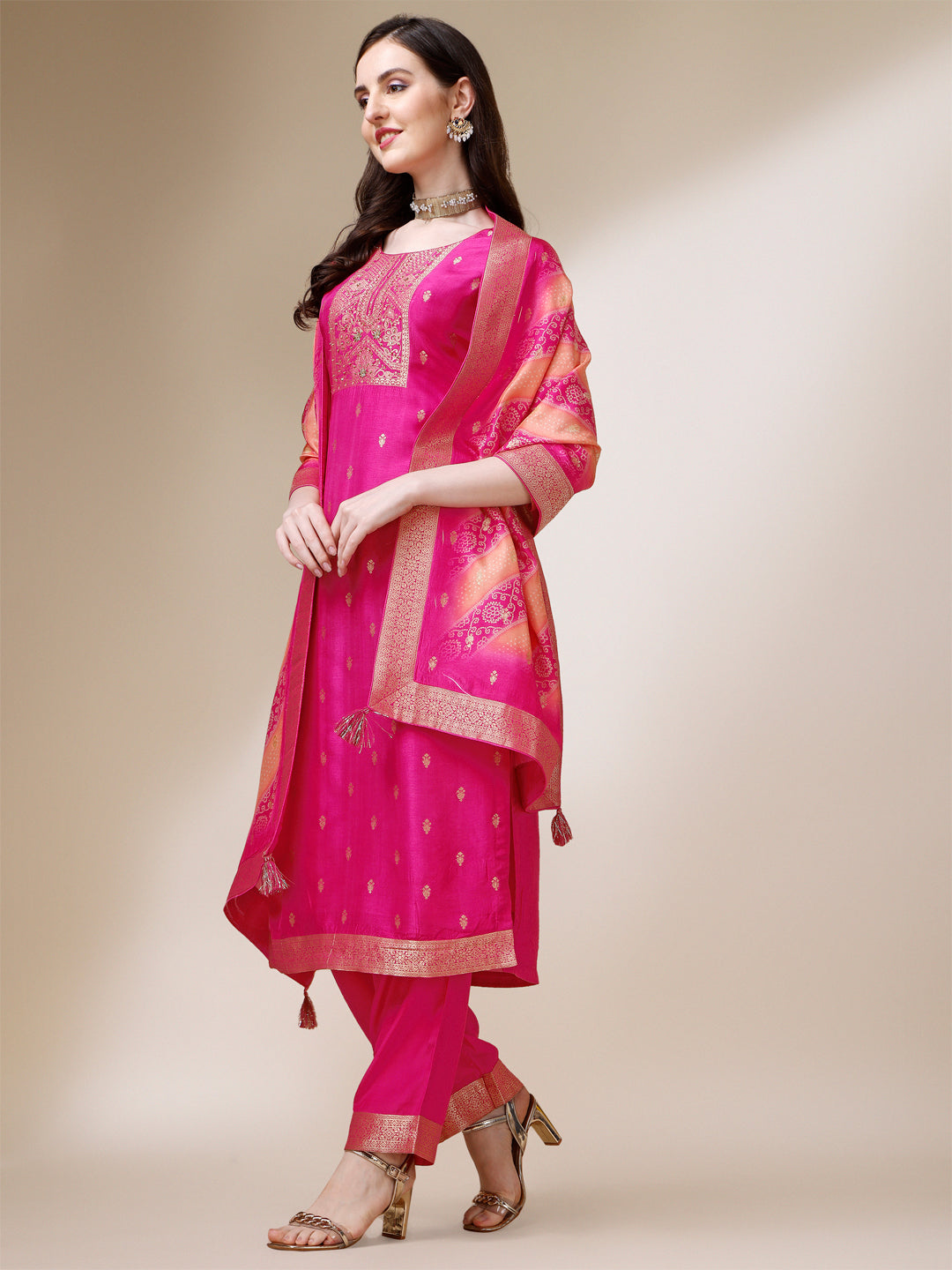 Rani Pink Jacquard Kurta Suit Set with Bandhani Printed Dupatta Product vendor