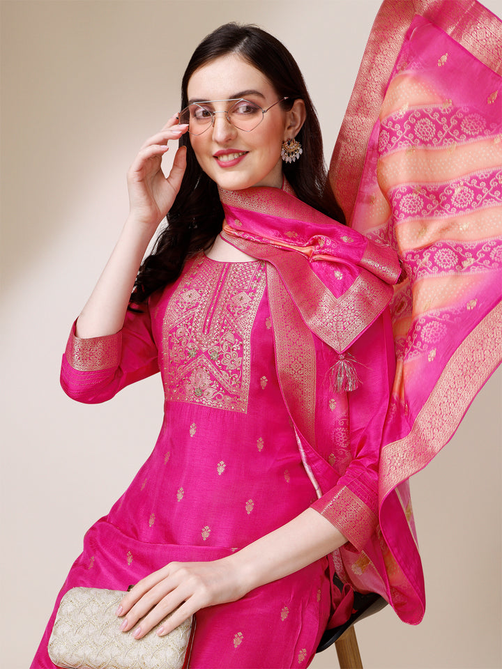 Rani Pink Jacquard Kurta Suit Set with Bandhani Printed Dupatta Product vendor